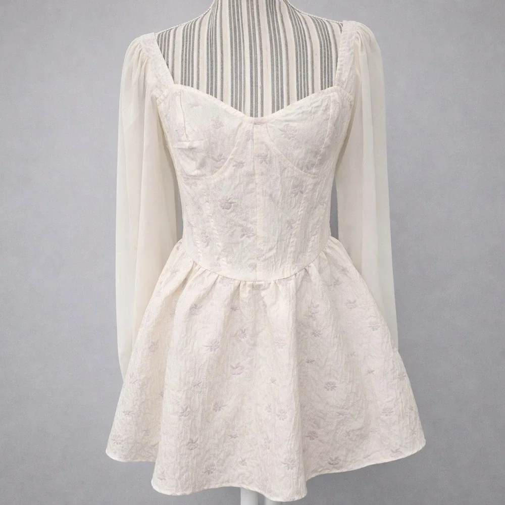 Cider | Dresses | Cider Floral Jacquard White Graduation Corset Mini Dress Chiffon Puff Sleeve Sm